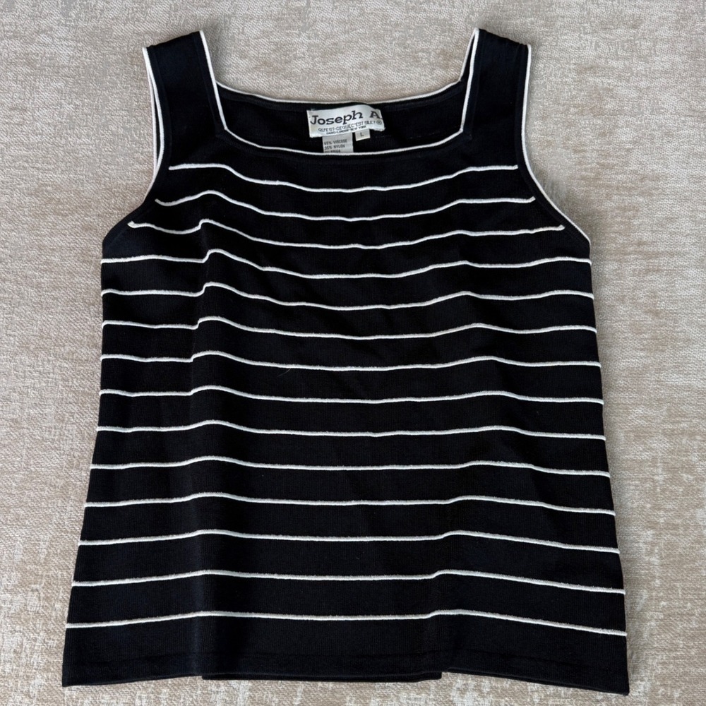 Joseph A. Black White Striped Knit Tank Top Square Neck Sleeveless Shell Large
